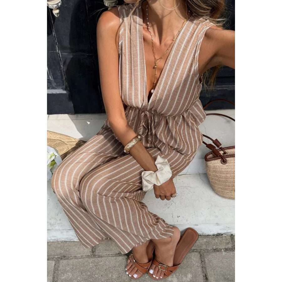 Striped Sleeveless Top and Wide Leg Pants Set Apparel and Accessories