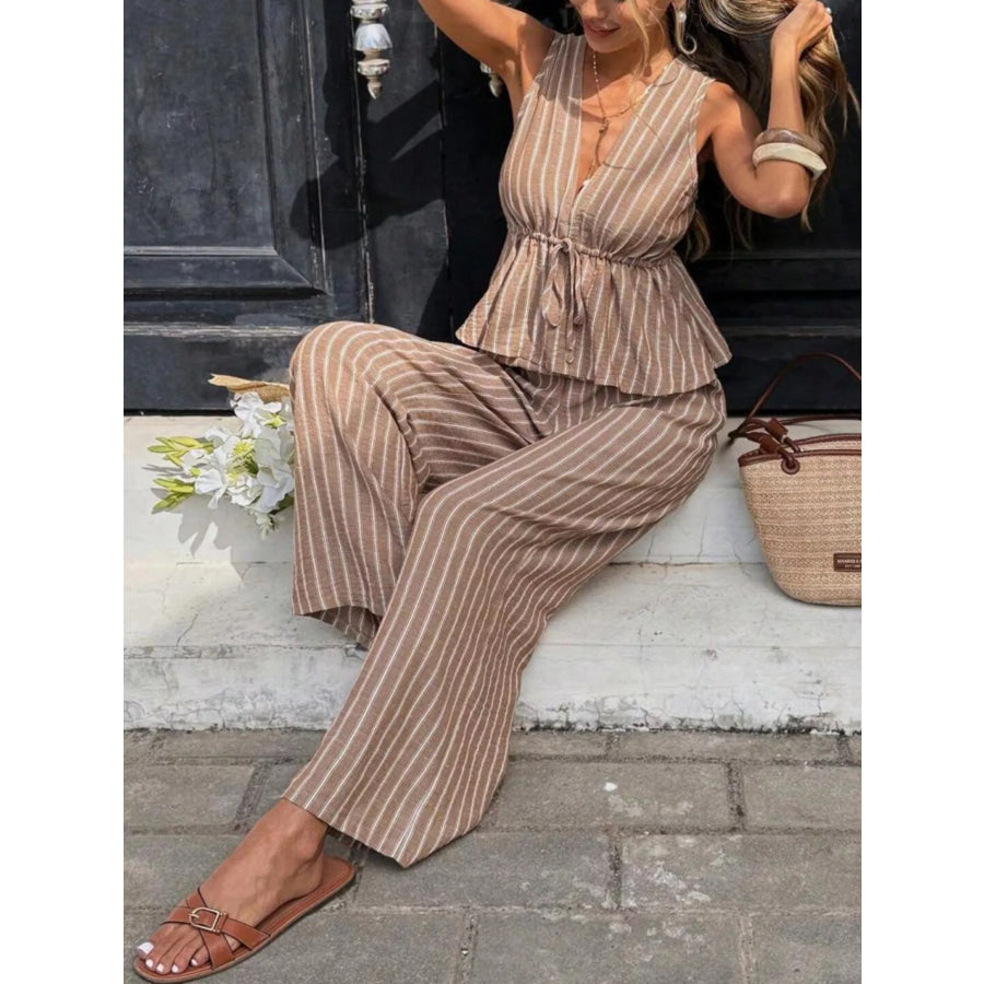Striped Sleeveless Top and Wide Leg Pants Set Apparel and Accessories