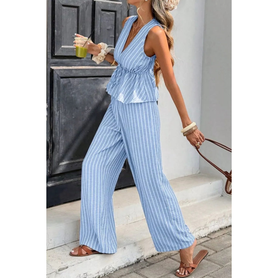 Striped Sleeveless Top and Wide Leg Pants Set Apparel and Accessories