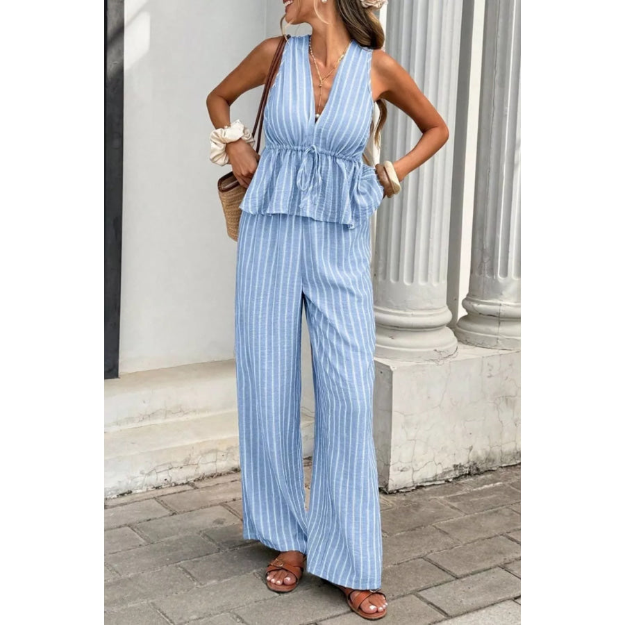 Striped Sleeveless Top and Wide Leg Pants Set Apparel and Accessories