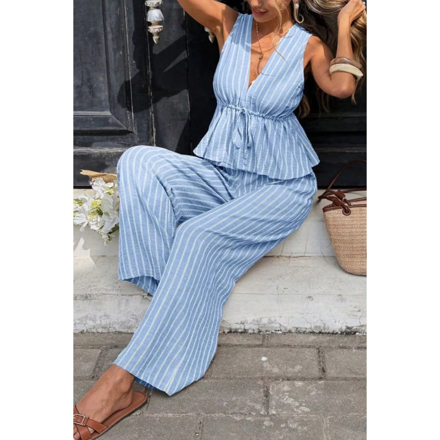 Striped Sleeveless Top and Wide Leg Pants Set Apparel and Accessories