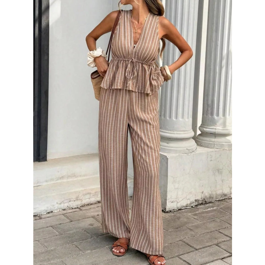 Striped Sleeveless Top and Wide Leg Pants Set Apparel and Accessories
