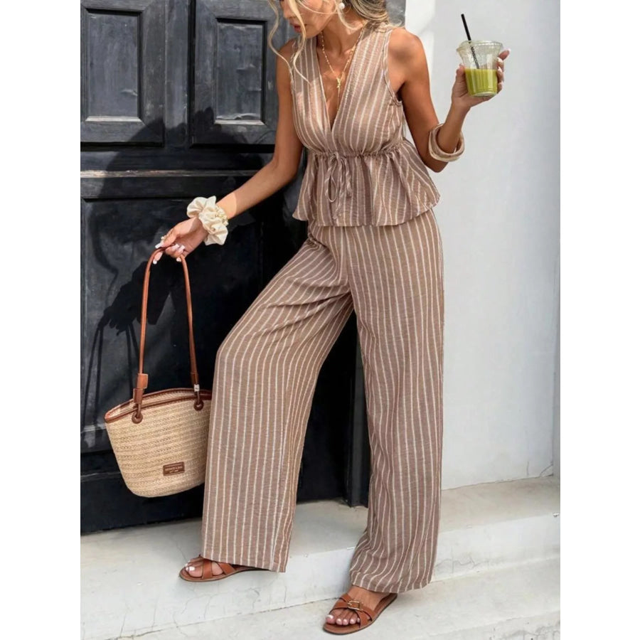 Striped Sleeveless Top and Wide Leg Pants Set Camel / S Apparel and Accessories
