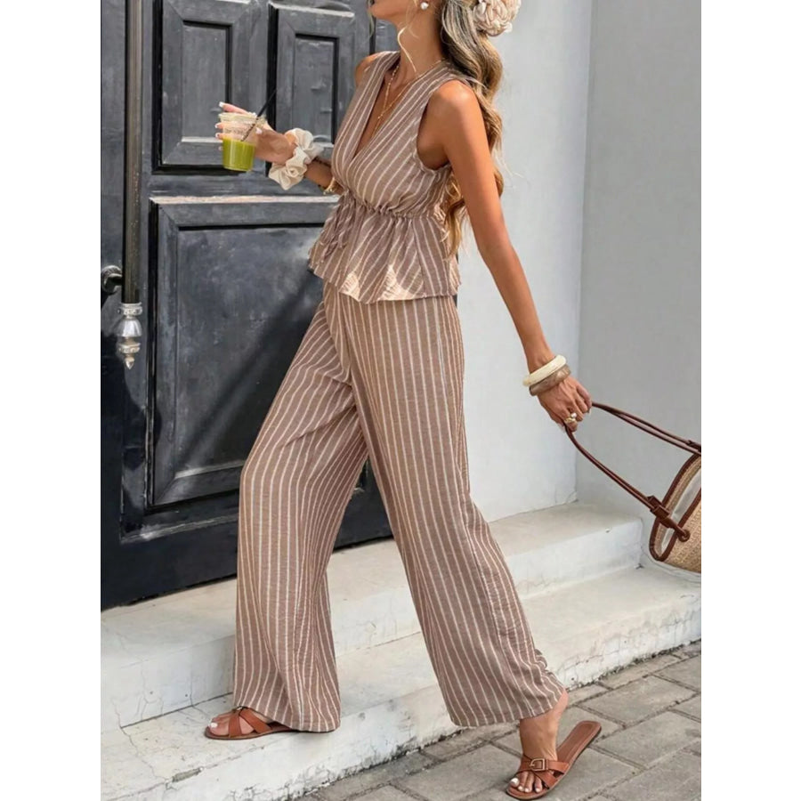 Striped Sleeveless Top and Wide Leg Pants Set Apparel and Accessories