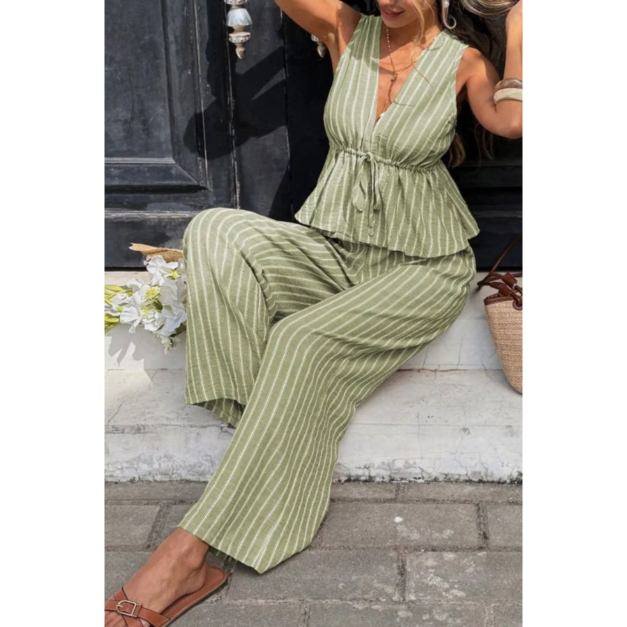Striped Sleeveless Top and Wide Leg Pants Set Apparel and Accessories