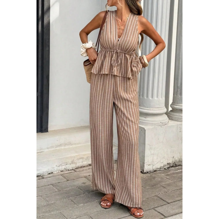 Striped Sleeveless Top and Wide Leg Pants Set Apparel and Accessories