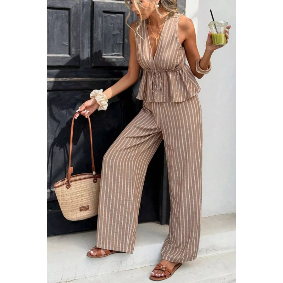 Striped Sleeveless Top and Wide Leg Pants Set Apparel and Accessories