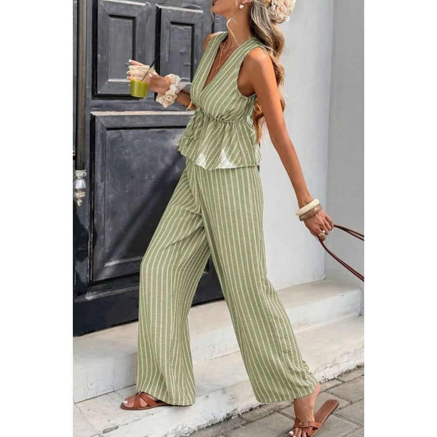 Striped Sleeveless Top and Wide Leg Pants Set Apparel and Accessories