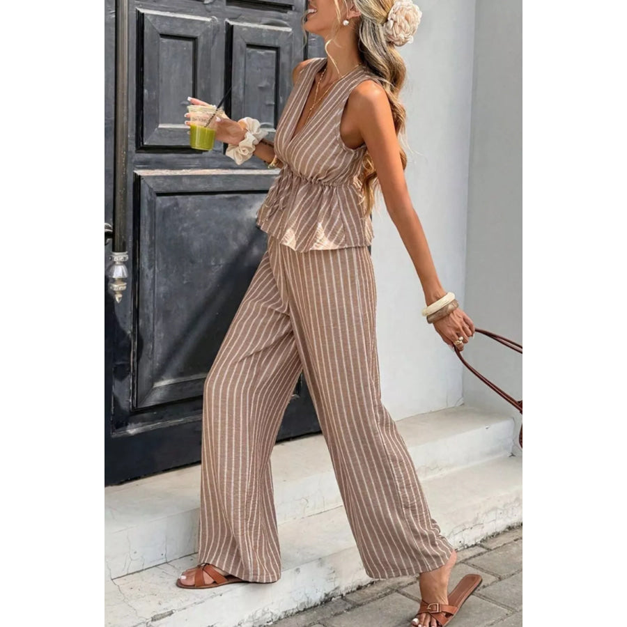 Striped Sleeveless Top and Wide Leg Pants Set Apparel and Accessories