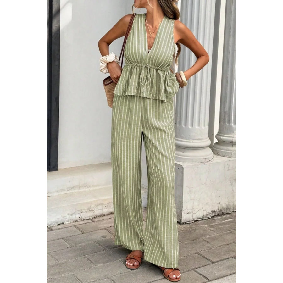 Striped Sleeveless Top and Wide Leg Pants Set Apparel and Accessories