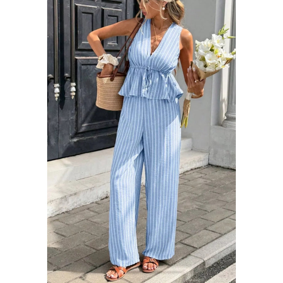 Striped Sleeveless Top and Wide Leg Pants Set Light Blue / S Apparel and Accessories