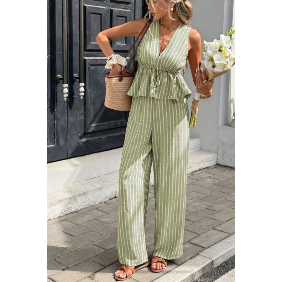 Striped Sleeveless Top and Wide Leg Pants Set Sage / S Apparel and Accessories