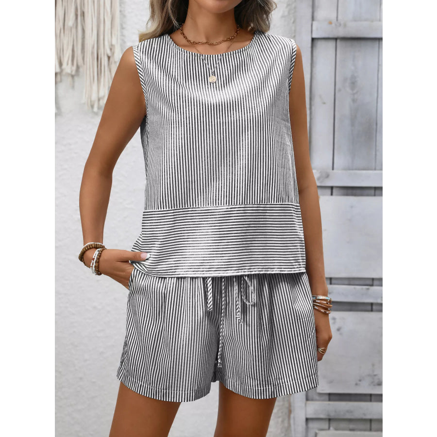 Striped Sleeveless Top & Drawstring Shorts Set Apparel and Accessories
