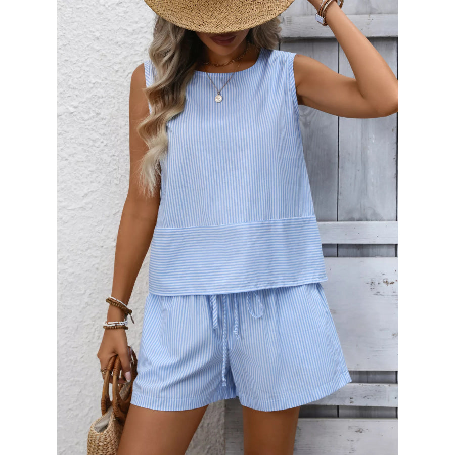 Striped Sleeveless Top & Drawstring Shorts Set Apparel and Accessories