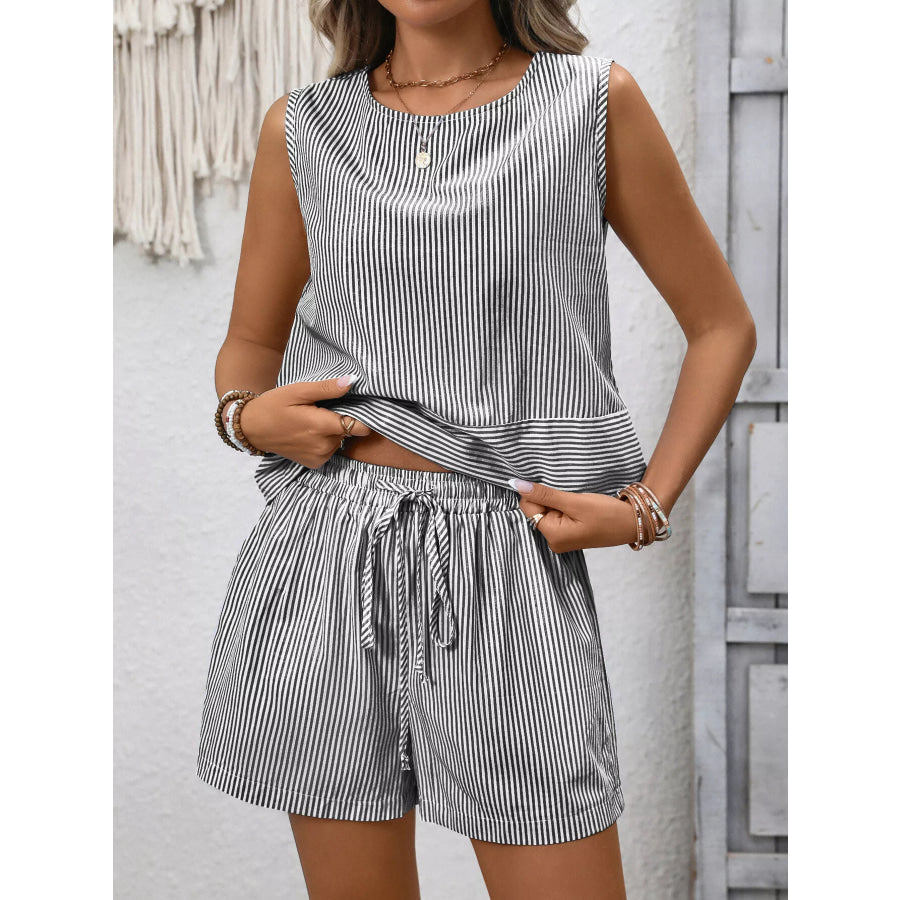 Striped Sleeveless Top & Drawstring Shorts Set Apparel and Accessories