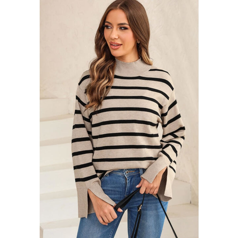 Striped Slit Drop Shoulder Sweater Camel / S Clothing