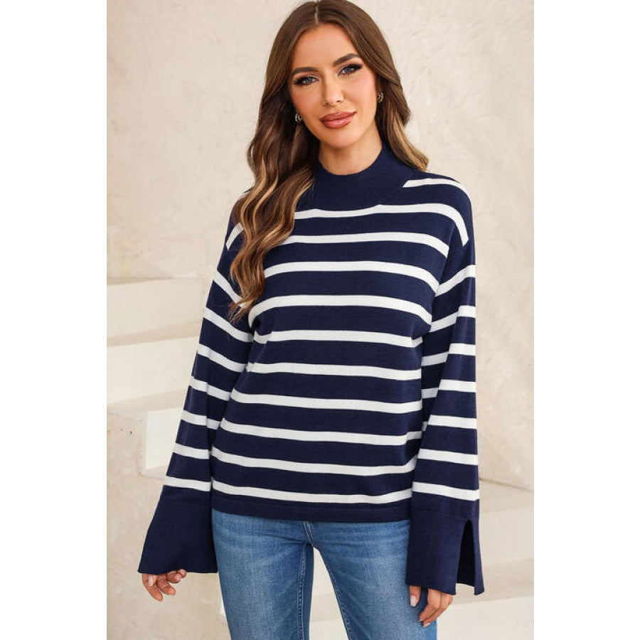 Striped Slit Drop Shoulder Sweater Clothing