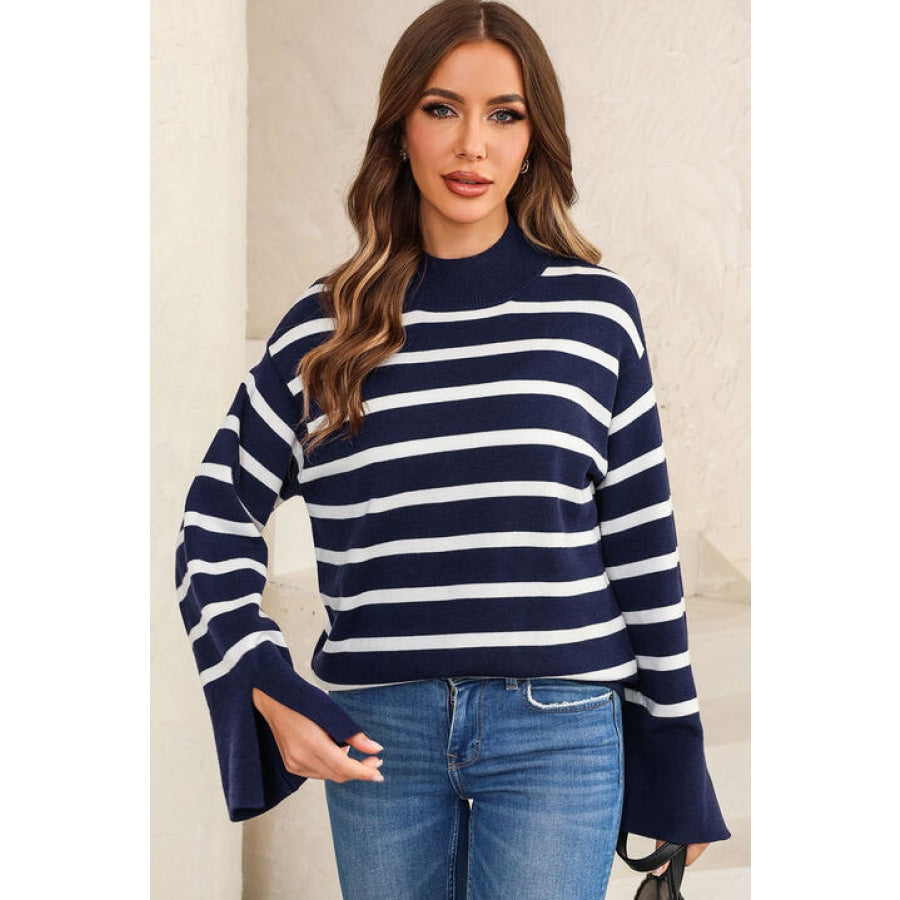 Striped Slit Drop Shoulder Sweater Navy / S Clothing