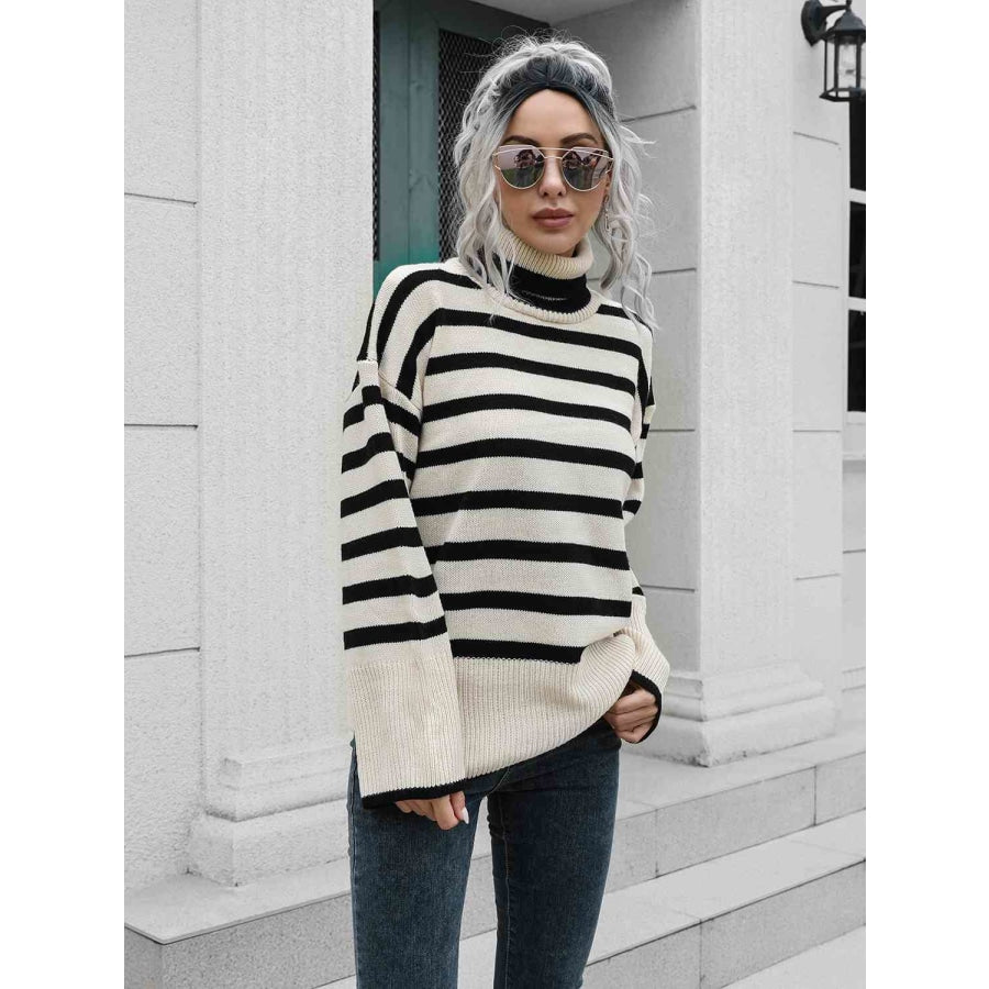 Striped Slit Turtleneck Drop Shoulder Sweater Beige / S