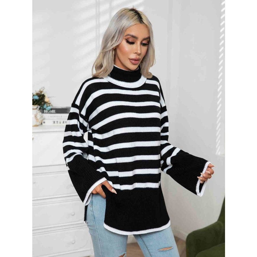 Striped Slit Turtleneck Drop Shoulder Sweater Black / S