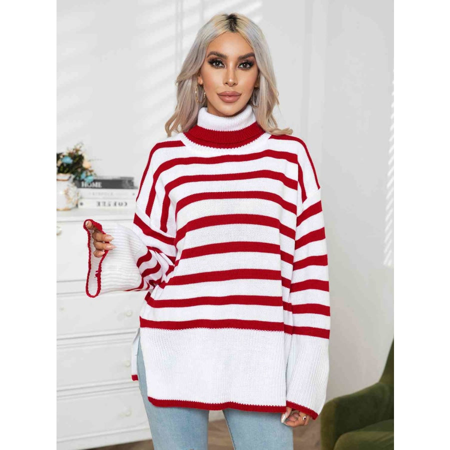 Striped Slit Turtleneck Drop Shoulder Sweater Deep Red / S