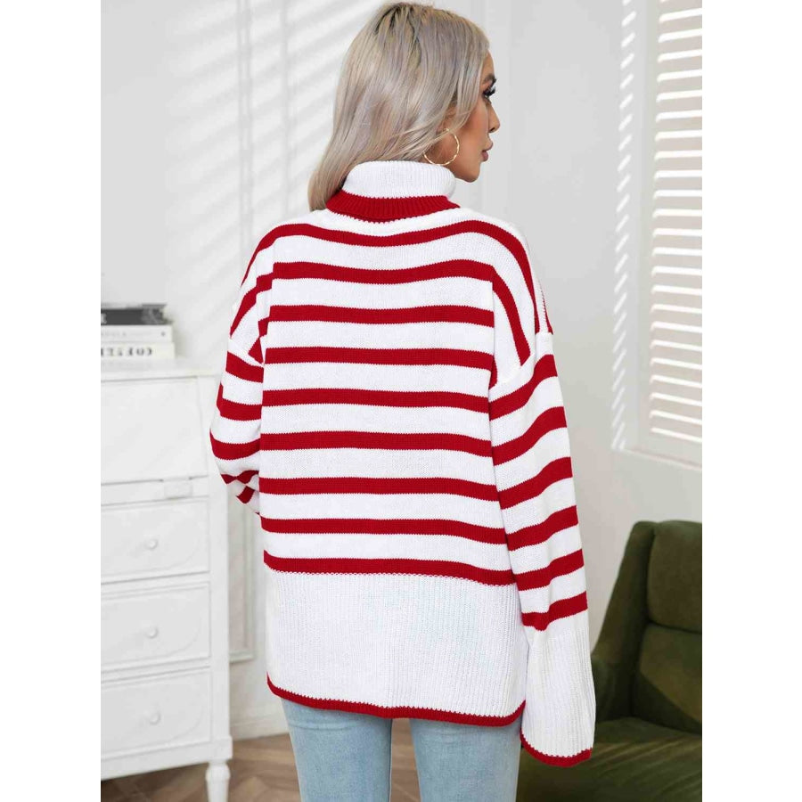 Striped Slit Turtleneck Drop Shoulder Sweater