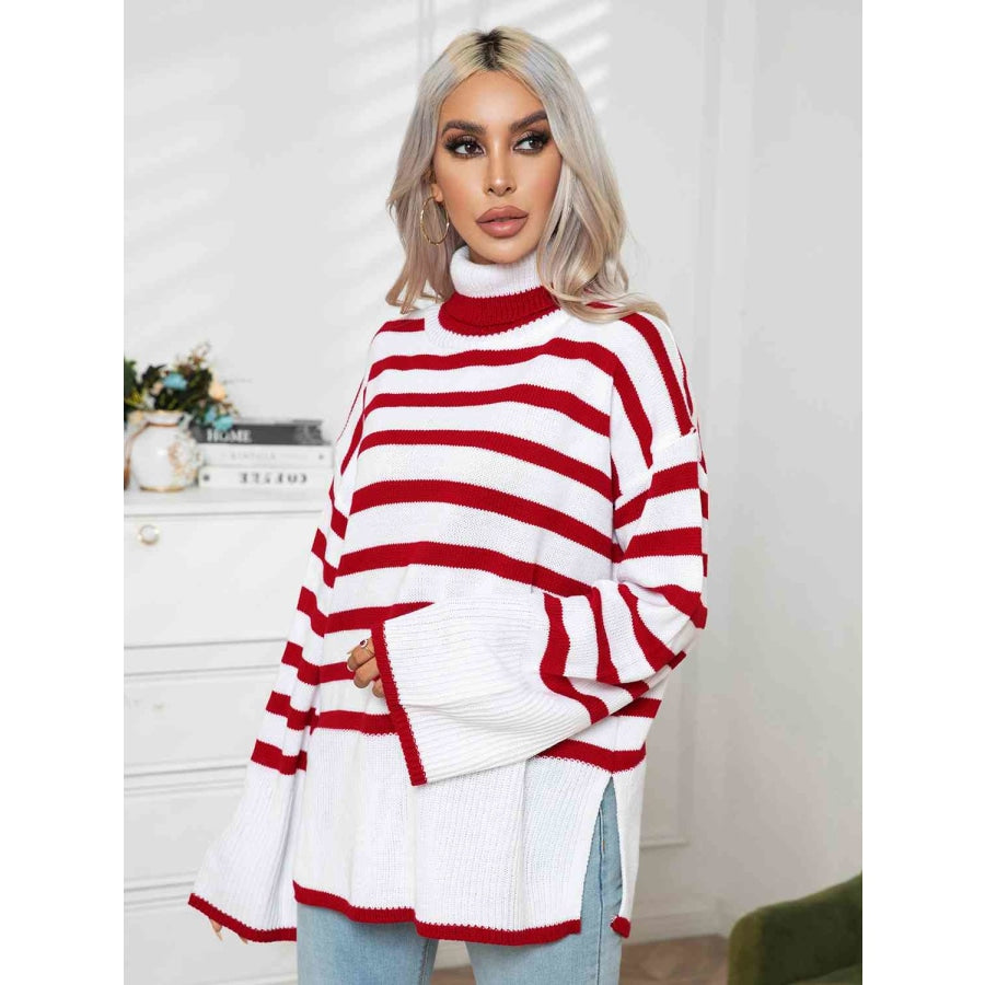 Striped Slit Turtleneck Drop Shoulder Sweater