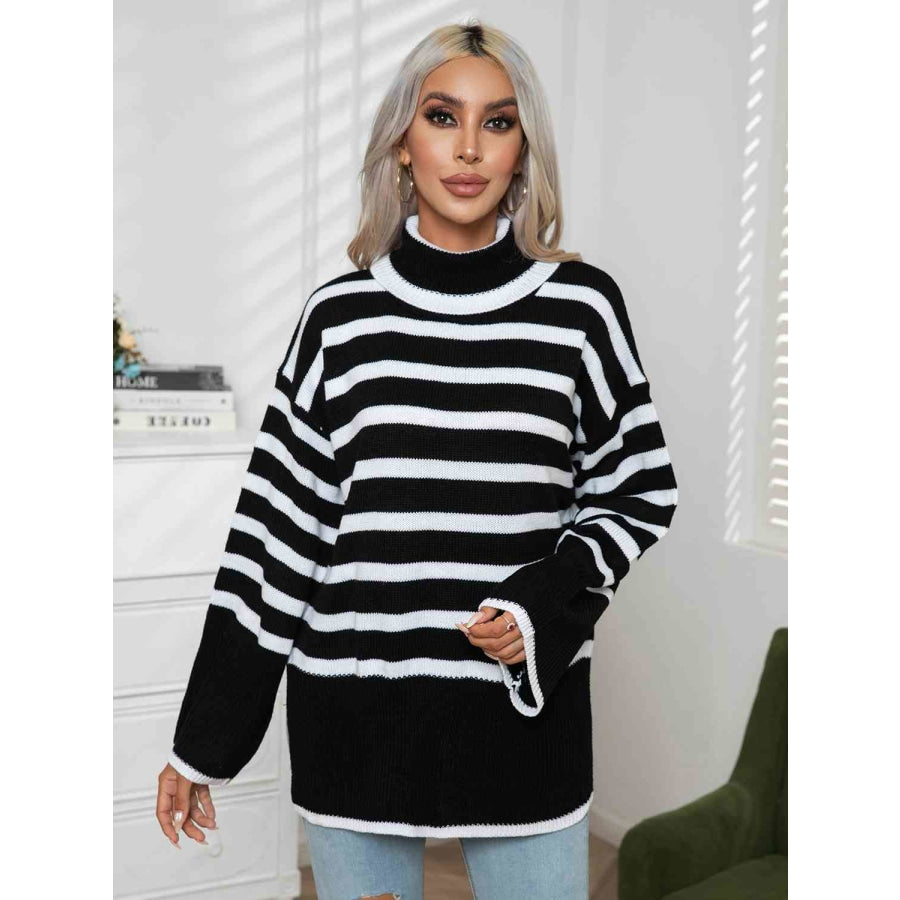 Striped Slit Turtleneck Drop Shoulder Sweater