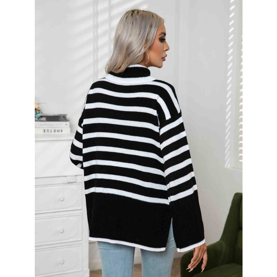 Striped Slit Turtleneck Drop Shoulder Sweater