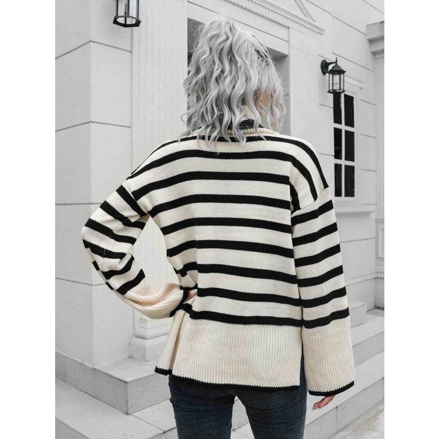 Striped Slit Turtleneck Drop Shoulder Sweater