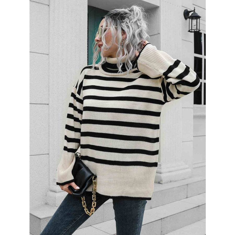 Striped Slit Turtleneck Drop Shoulder Sweater