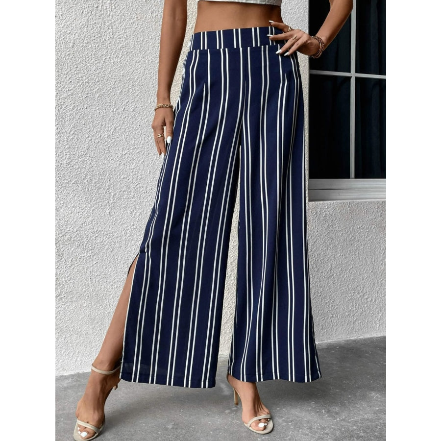 Striped Slit Wide Leg Pants Navy / S