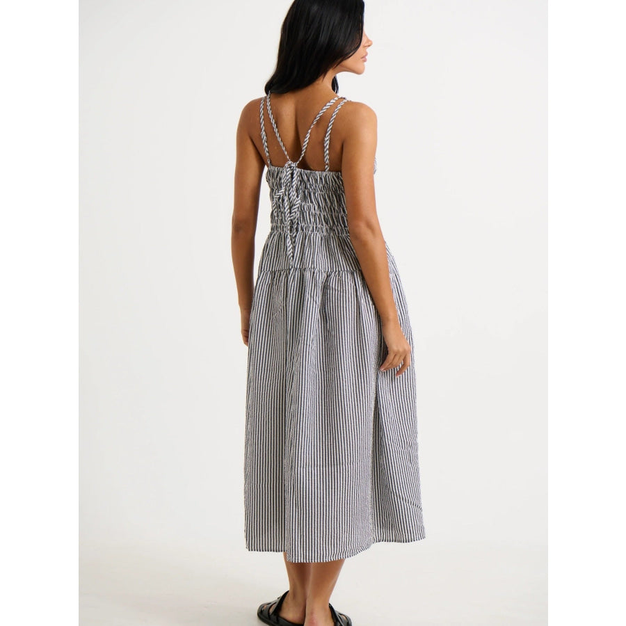 Striped Smocked Bodice Midi Dress Apparel and Accessories