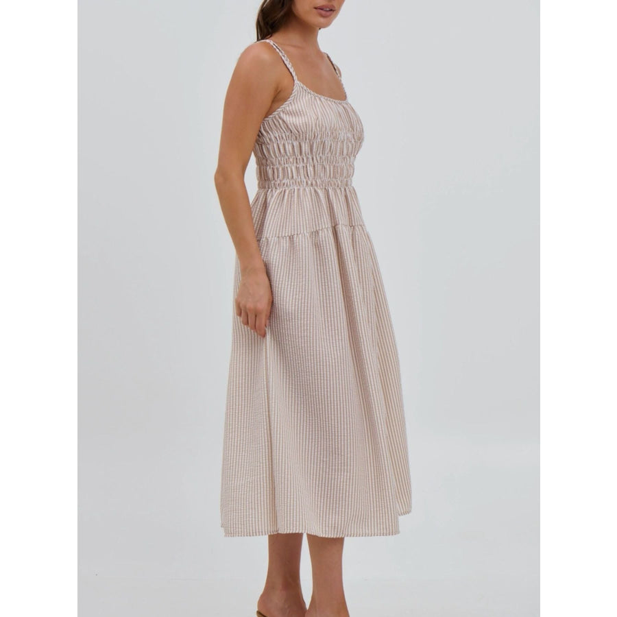 Striped Smocked Bodice Midi Dress Apparel and Accessories
