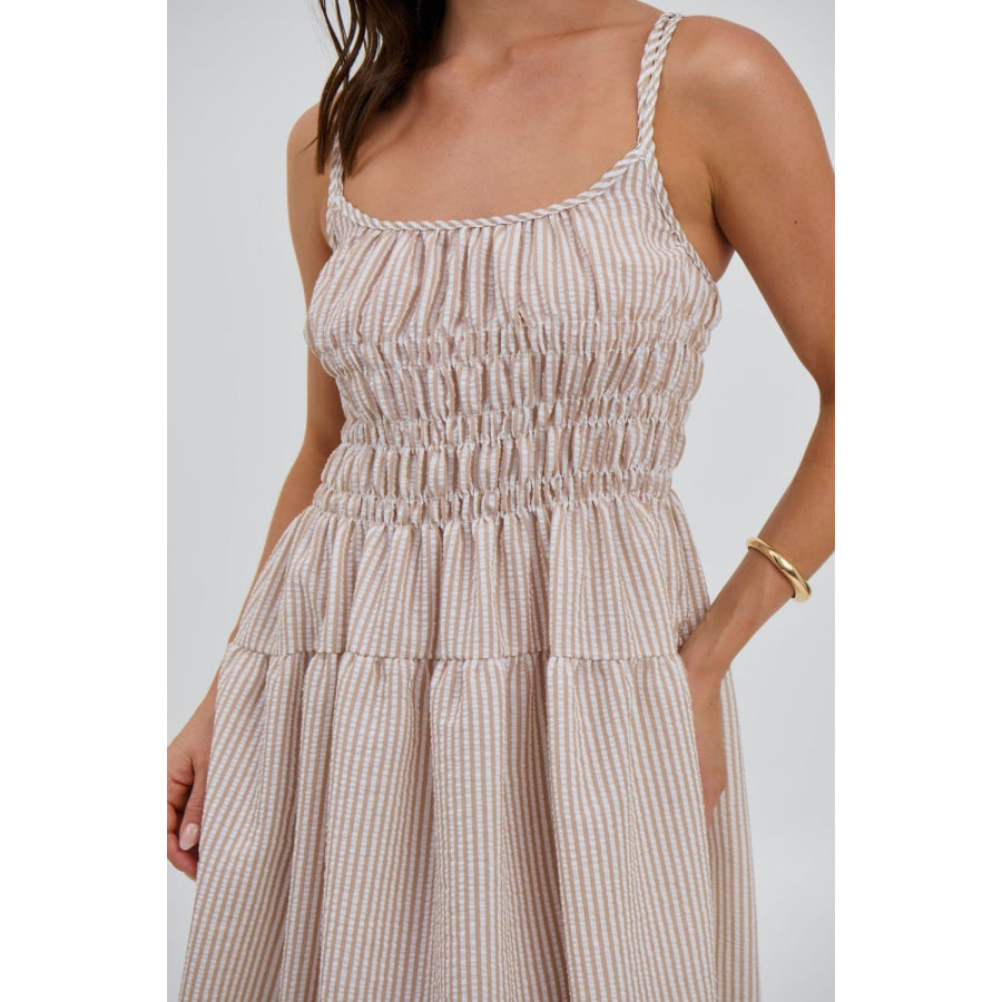 Striped Smocked Bodice Midi Dress Apparel and Accessories