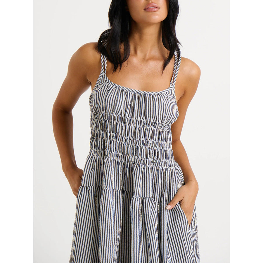 Striped Smocked Bodice Midi Dress Apparel and Accessories