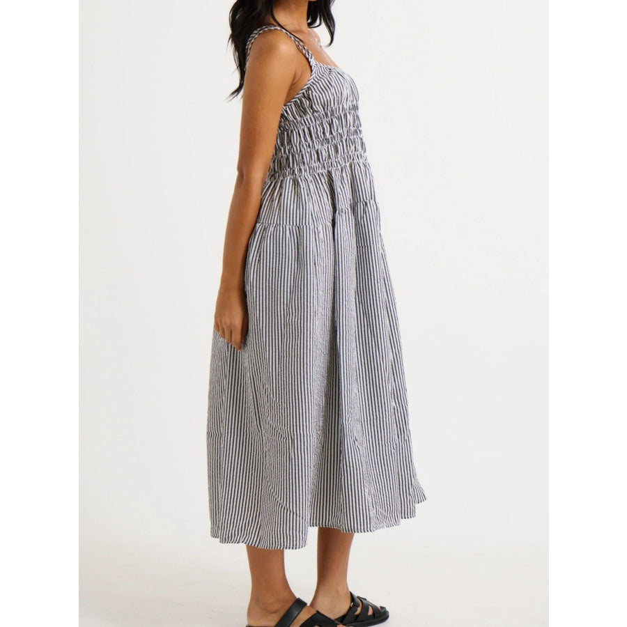 Striped Smocked Bodice Midi Dress Apparel and Accessories