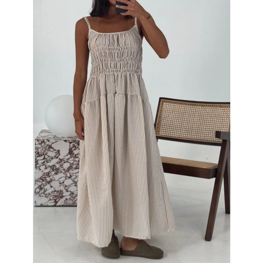 Striped Smocked Bodice Midi Dress Apparel and Accessories