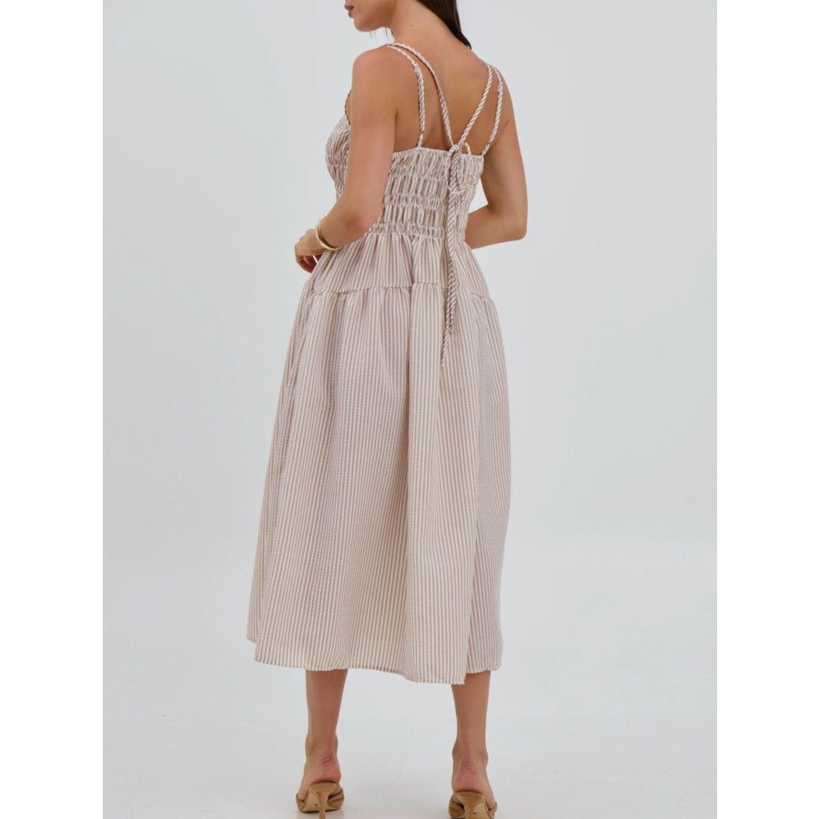 Striped Smocked Bodice Midi Dress Khaki / S Apparel and Accessories