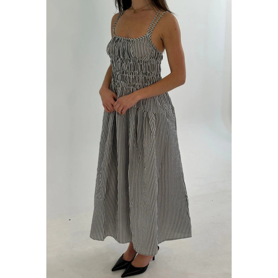 Striped Smocked Bodice Midi Dress Dark Gray / S Apparel and Accessories