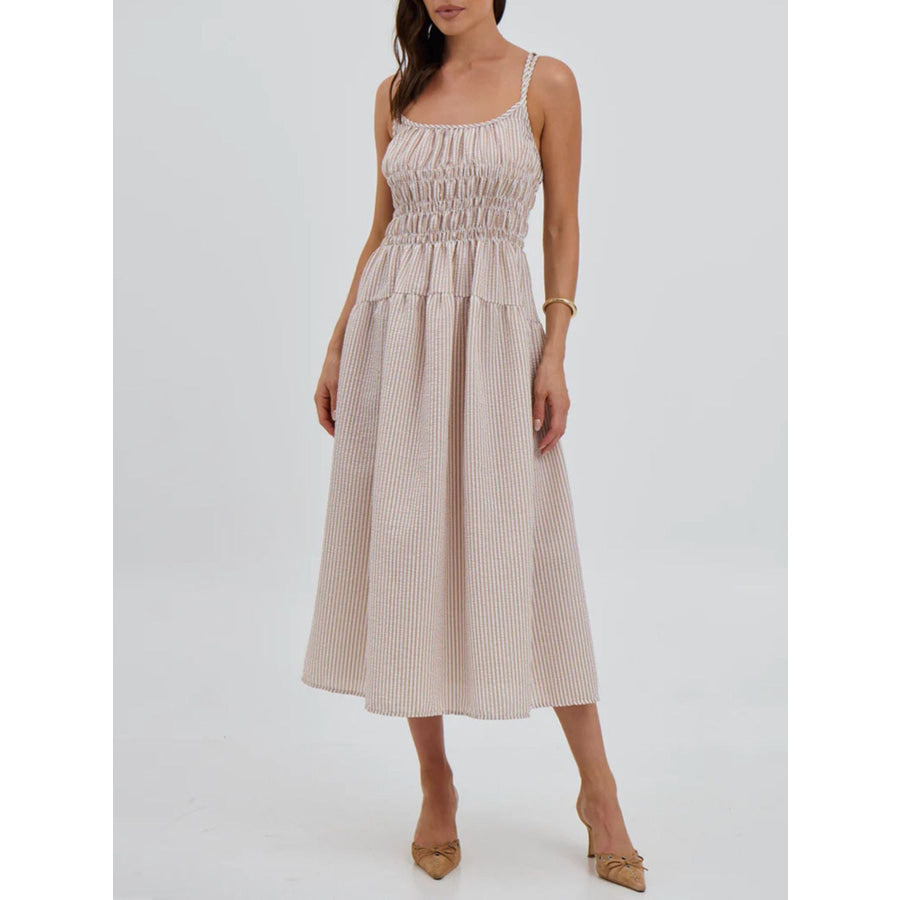 Striped Smocked Bodice Midi Dress Khaki / S Apparel and Accessories