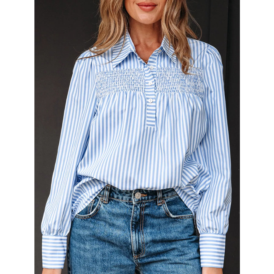 Striped Smocked Collared Neck Blouse Apparel and Accessories