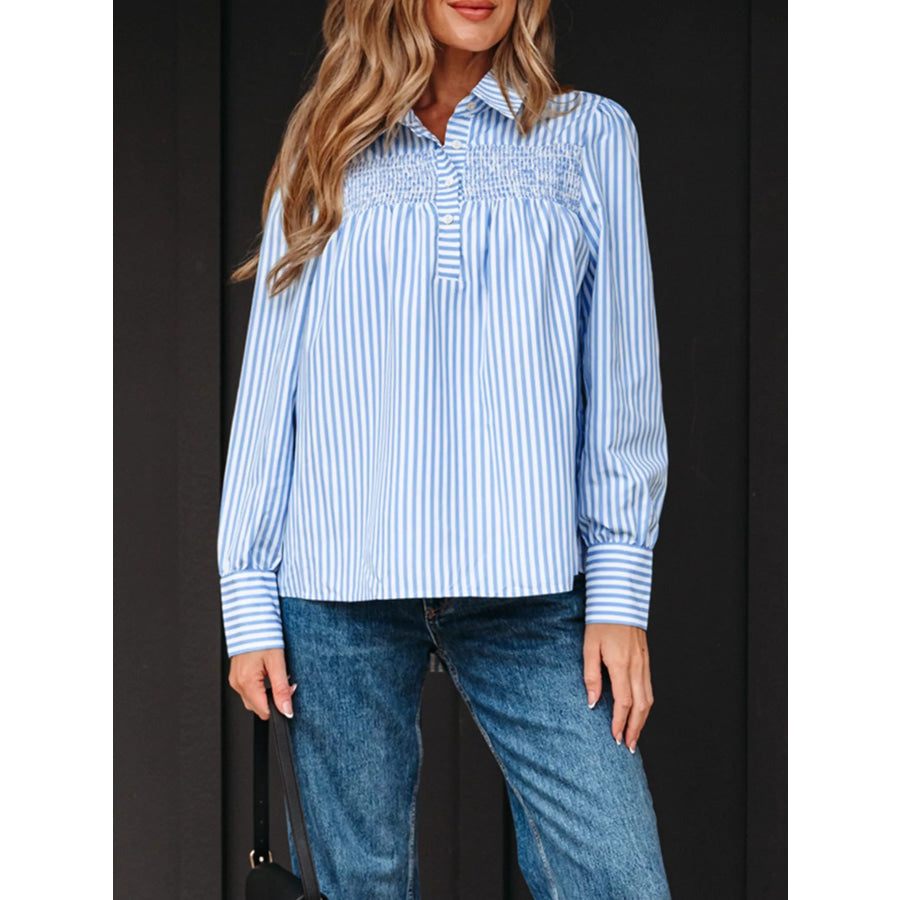 Striped Smocked Collared Neck Blouse Apparel and Accessories