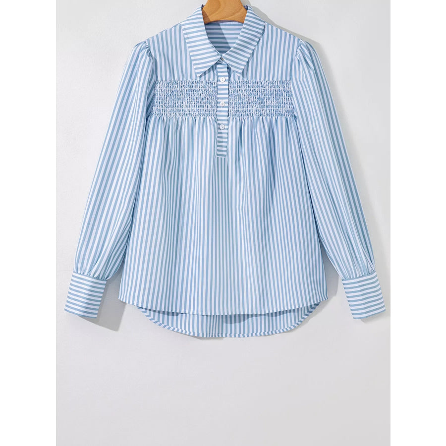 Striped Smocked Collared Neck Blouse Apparel and Accessories