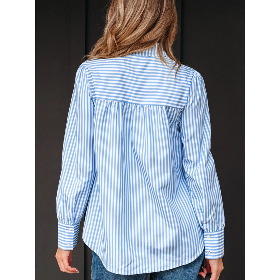 Striped Smocked Collared Neck Blouse Apparel and Accessories