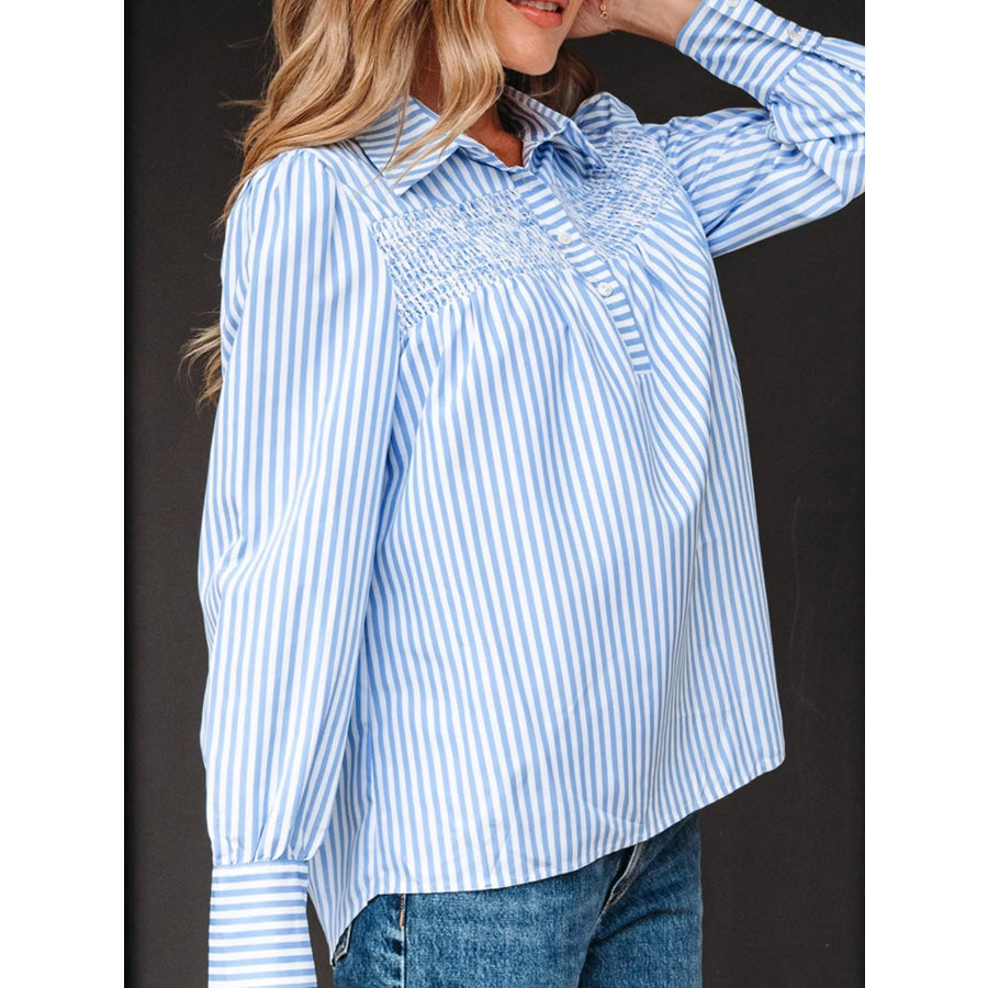 Striped Smocked Collared Neck Blouse Apparel and Accessories