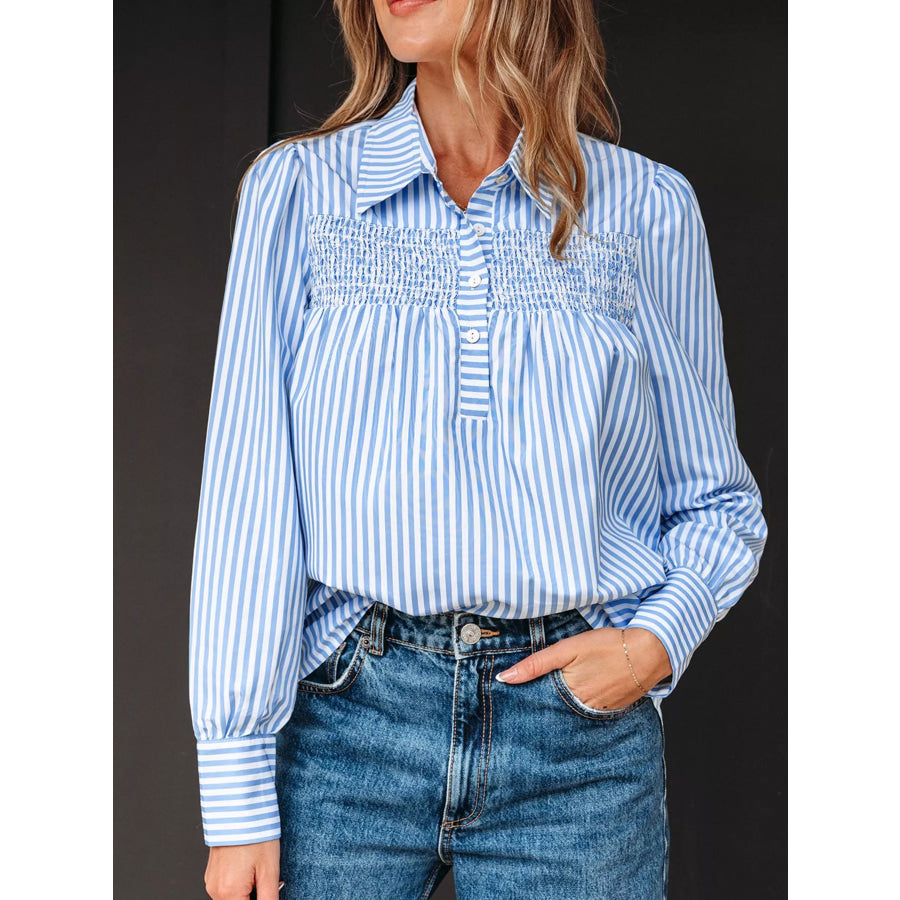 Striped Smocked Collared Neck Blouse Light Blue / S Apparel and Accessories