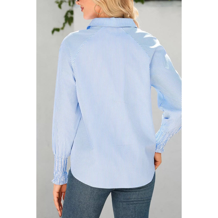 Striped Smocked Sleeve Collared Neck Blouse Apparel and Accessories
