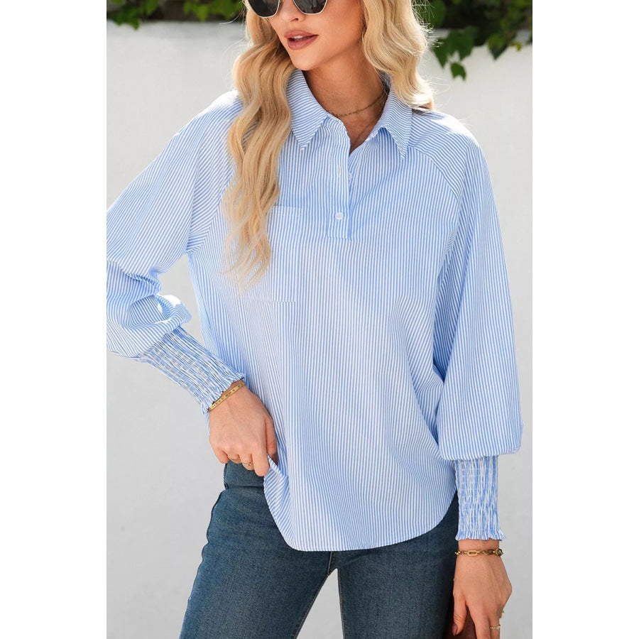 Striped Smocked Sleeve Collared Neck Blouse Apparel and Accessories