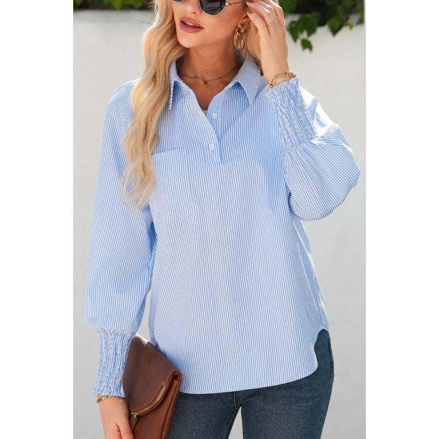 Striped Smocked Sleeve Collared Neck Blouse Apparel and Accessories